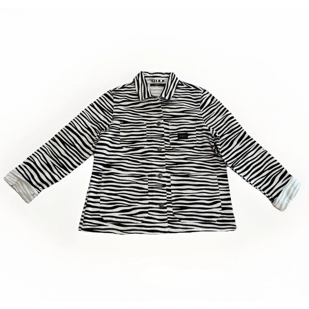 Obey Women Zebra Jacket Slacker Chore Coat Animal Print Small‎ Streetwear Grunge - Picture 2 of 8